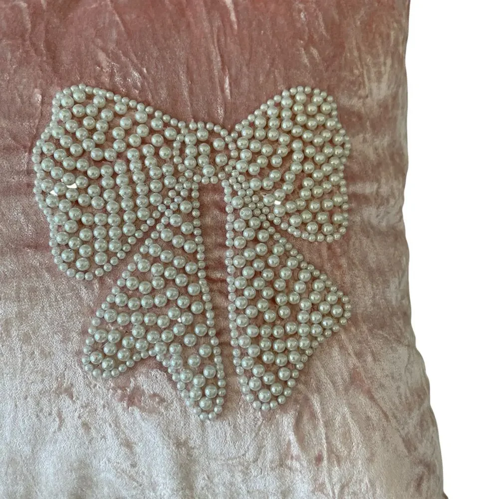 Magaschoni Beaded Faux Pearl Bows on Pink Velvet Decorative Pillow 14x20 New
